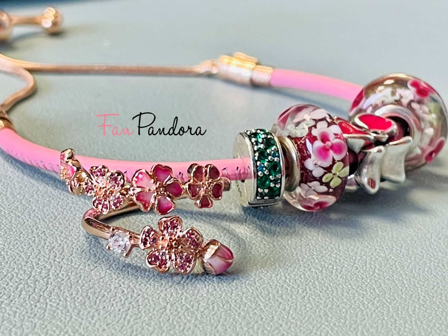 Bague fleur de pêcher et Bracelet cuir rose Bague fleur de pêcher et Bracelet cuir rose - Première Commande